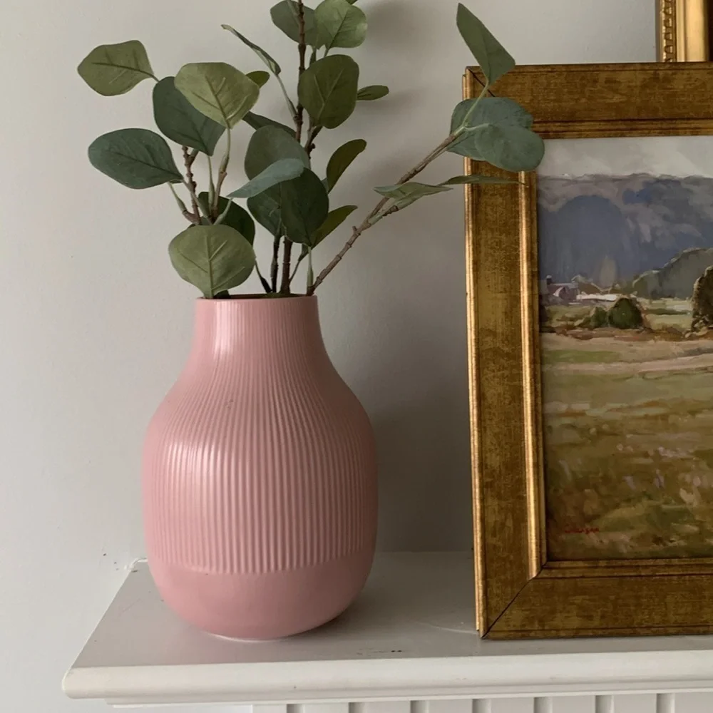 Ikea Gradvis MCM Vase‎ 9” Tall Light Pink Glazed Ribbed Modern Stoneware